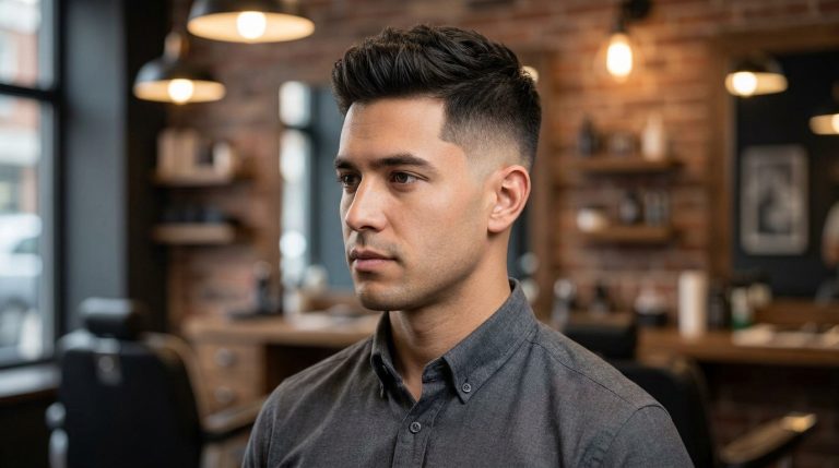 Homme avec une coupe taper fade moderne, cheveux courts sur les côtés et plus longs sur le dessus dans un salon de coiffure.