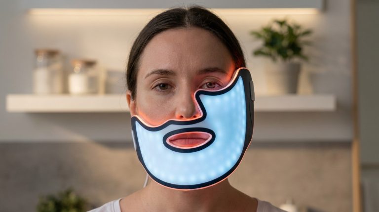Une femme porte un masque LED lumineux couvrant la partie inférieure de son visage.
