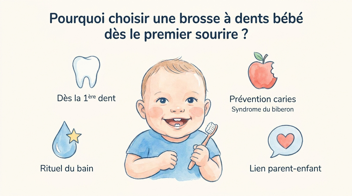 Bébé souriant avec sa première brosse à dents adaptée