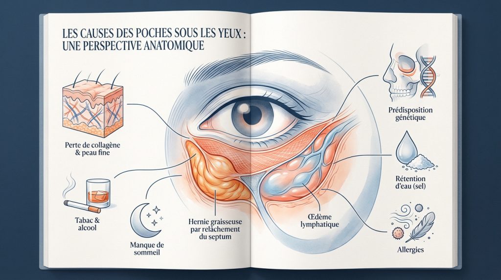 Schéma médical illustrant les causes anatomiques et environnementales des poches sous les yeux sur fond de page de livre.