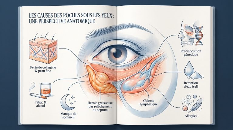 Schéma médical illustrant les causes anatomiques et environnementales des poches sous les yeux sur fond de page de livre.