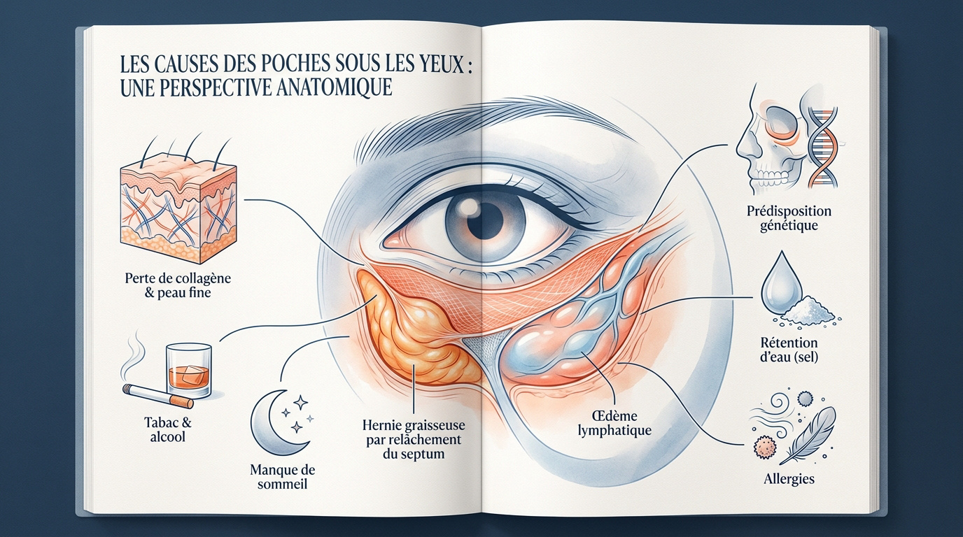 Schéma montrant le relâchement du septum orbitaire et la hernie graisseuse sous l'œil