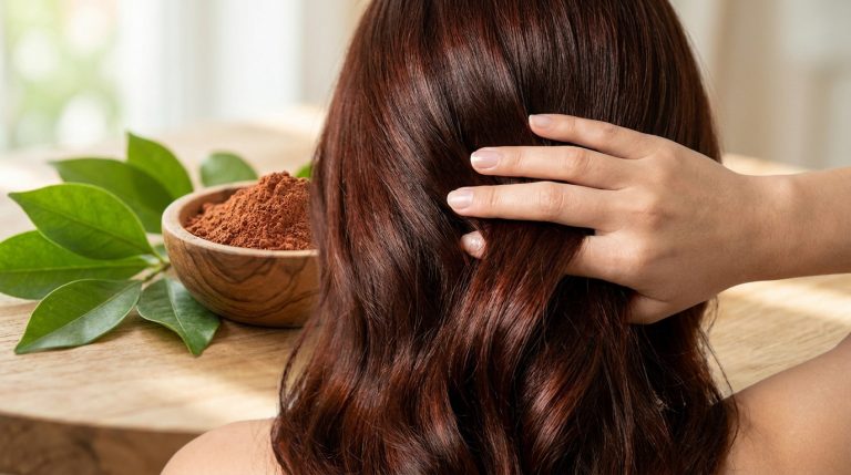 Une femme aux cheveux brun rougeâtre brillant à côté d'un bol de poudre de henné et de feuilles fraîches.
