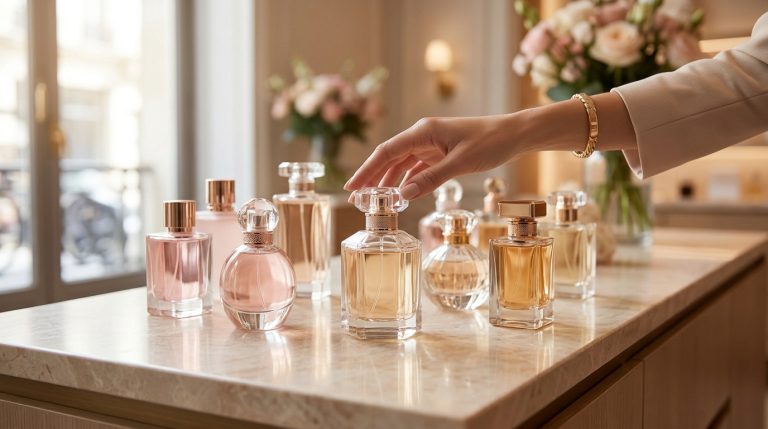 Une main choisit un flacon de parfum sur un comptoir en marbre avec plusieurs bouteilles élégantes en arrière-plan.