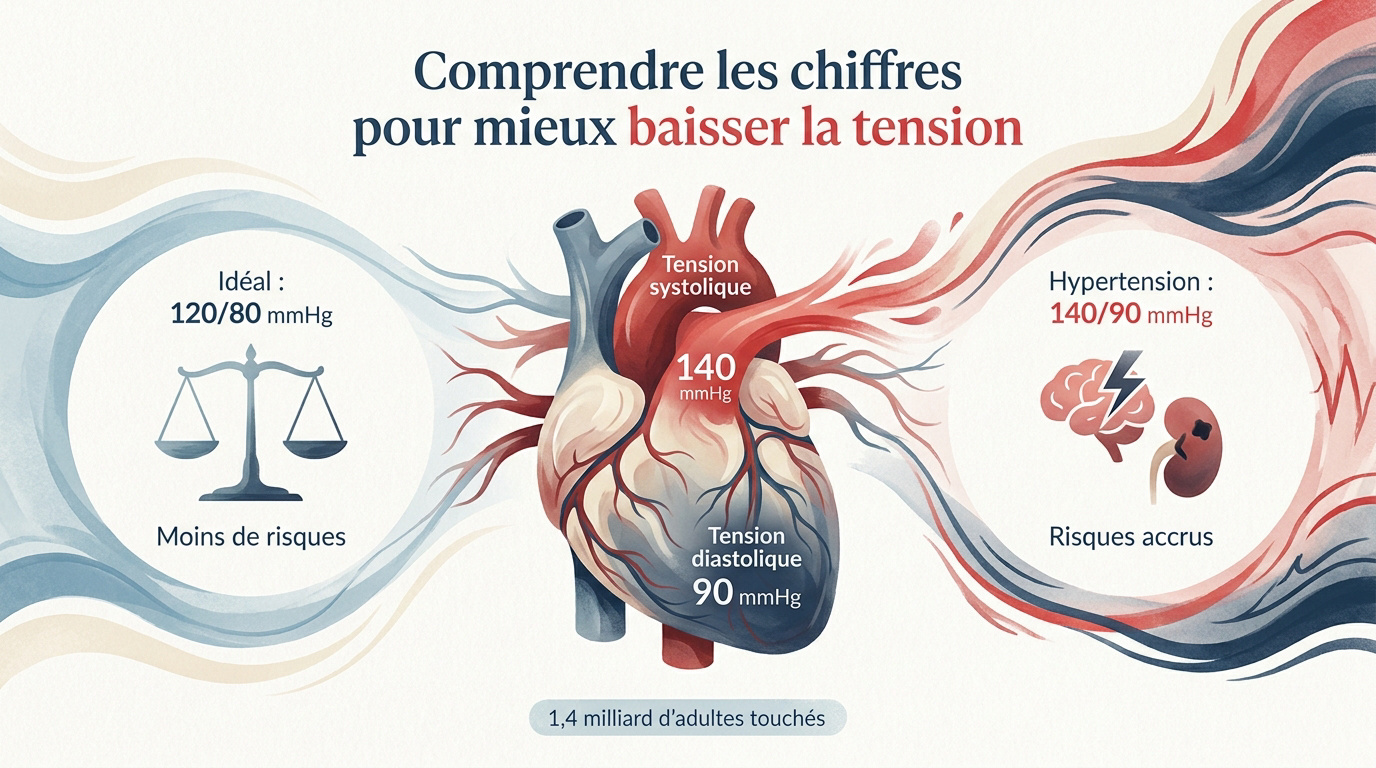 Schéma expliquant les chiffres de la tension artérielle et les risques associés