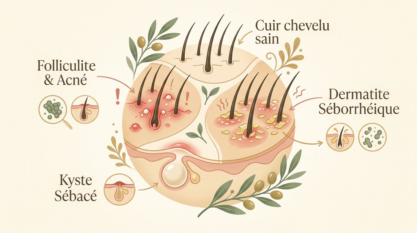 Schéma explicatif des types de boutons et inflammations du cuir chevelu