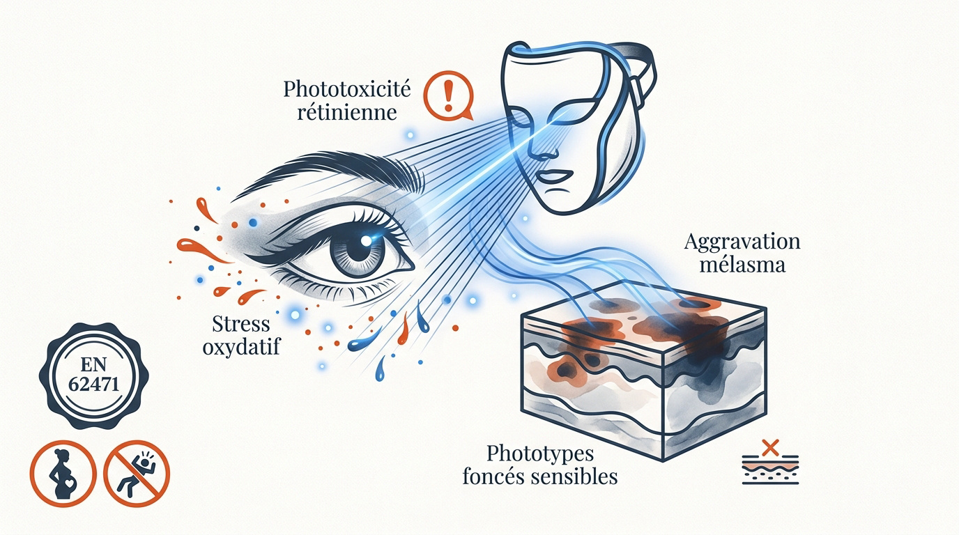 Schéma illustrant la phototoxicité des LED sur la rétine et les couches de la peau