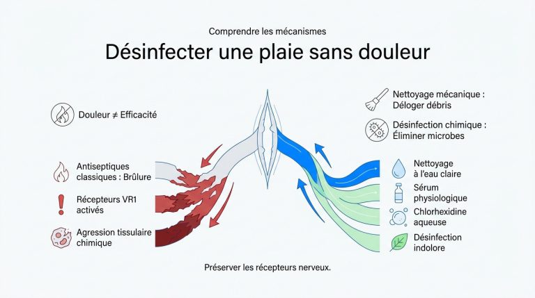 Infographie comparant les méthodes de désinfection douloureuses aux méthodes douces pour préserver les nerfs.