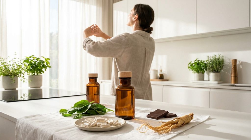 Une femme s'étire dans une cuisine lumineuse devant une table avec des compléments, des épinards, du ginseng et du chocolat.