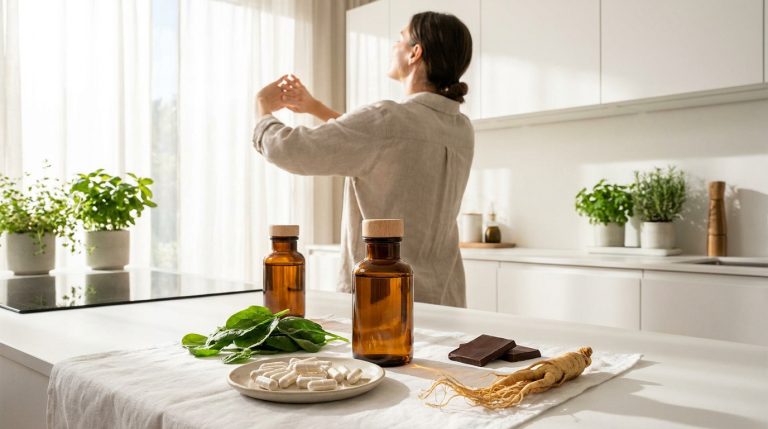 Une femme s'étire dans une cuisine lumineuse devant une table avec des compléments, des épinards, du ginseng et du chocolat.