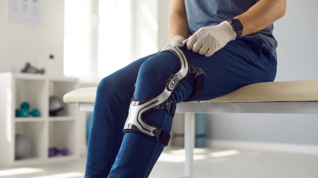 Un professionnel de santé ajuste une attelle de genou articulée rigide sur la jambe d'un patient assis.
