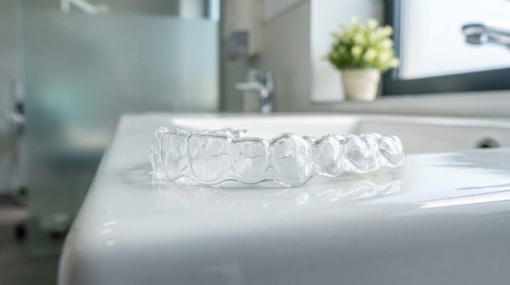 Une gouttière dentaire transparente posée sur le rebord blanc d'un lavabo de salle de bain.