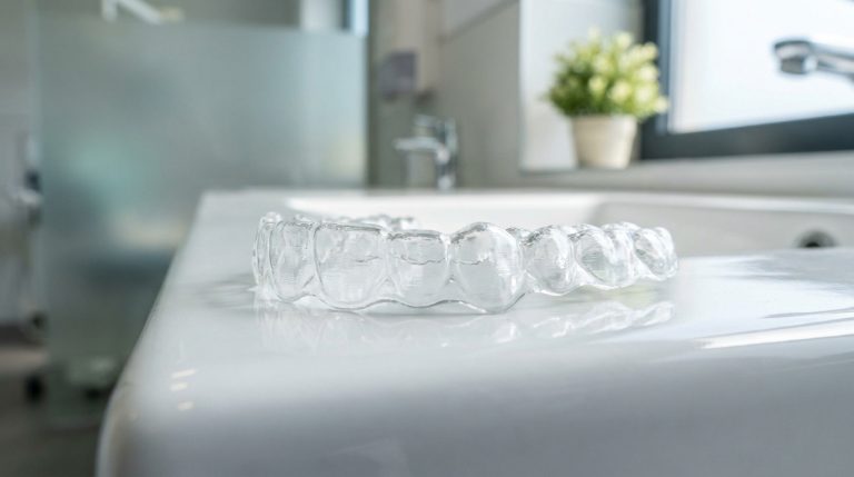 Une gouttière dentaire transparente posée sur le rebord blanc d'un lavabo de salle de bain.