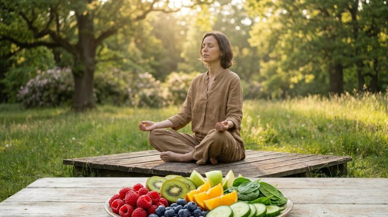 Une femme médite sur une plateforme en bois devant une assiette de fruits frais et légumes dans un parc ensoleillé.