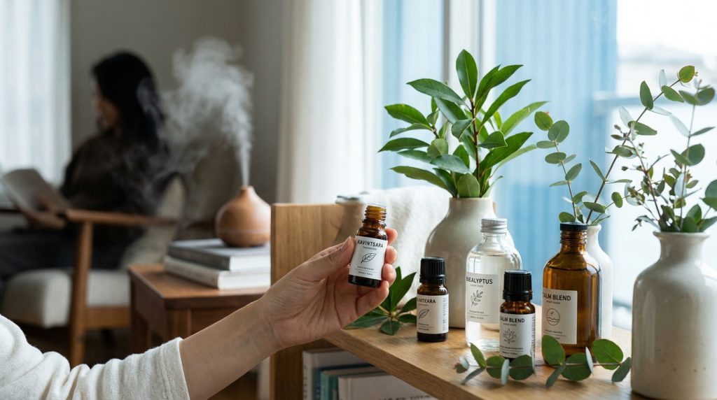 Une main tient un flacon d'huile essentielle de ravintsara à côté de plantes et d'un diffuseur de vapeur dans un salon.