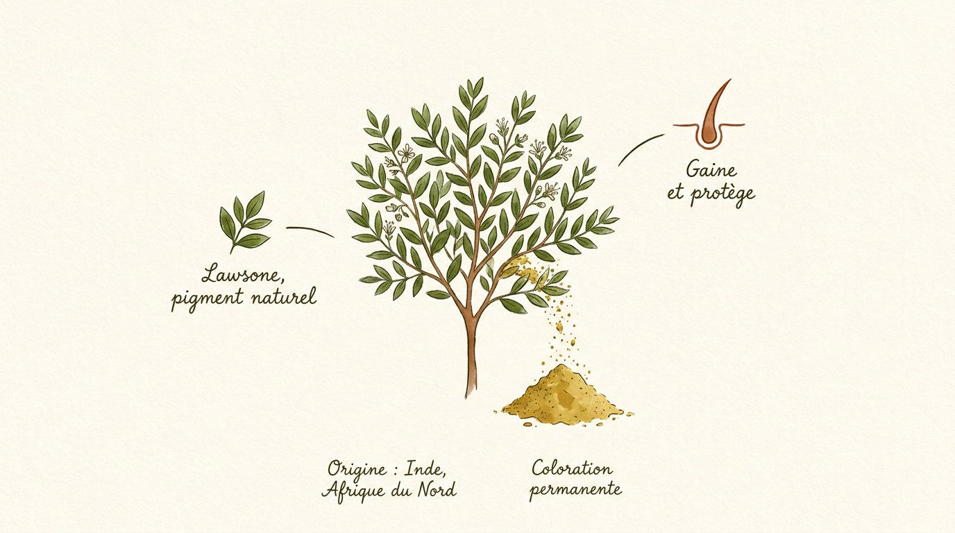 Poudre de henné naturel Lawsonia inermis et feuilles séchées pour coloration capillaire