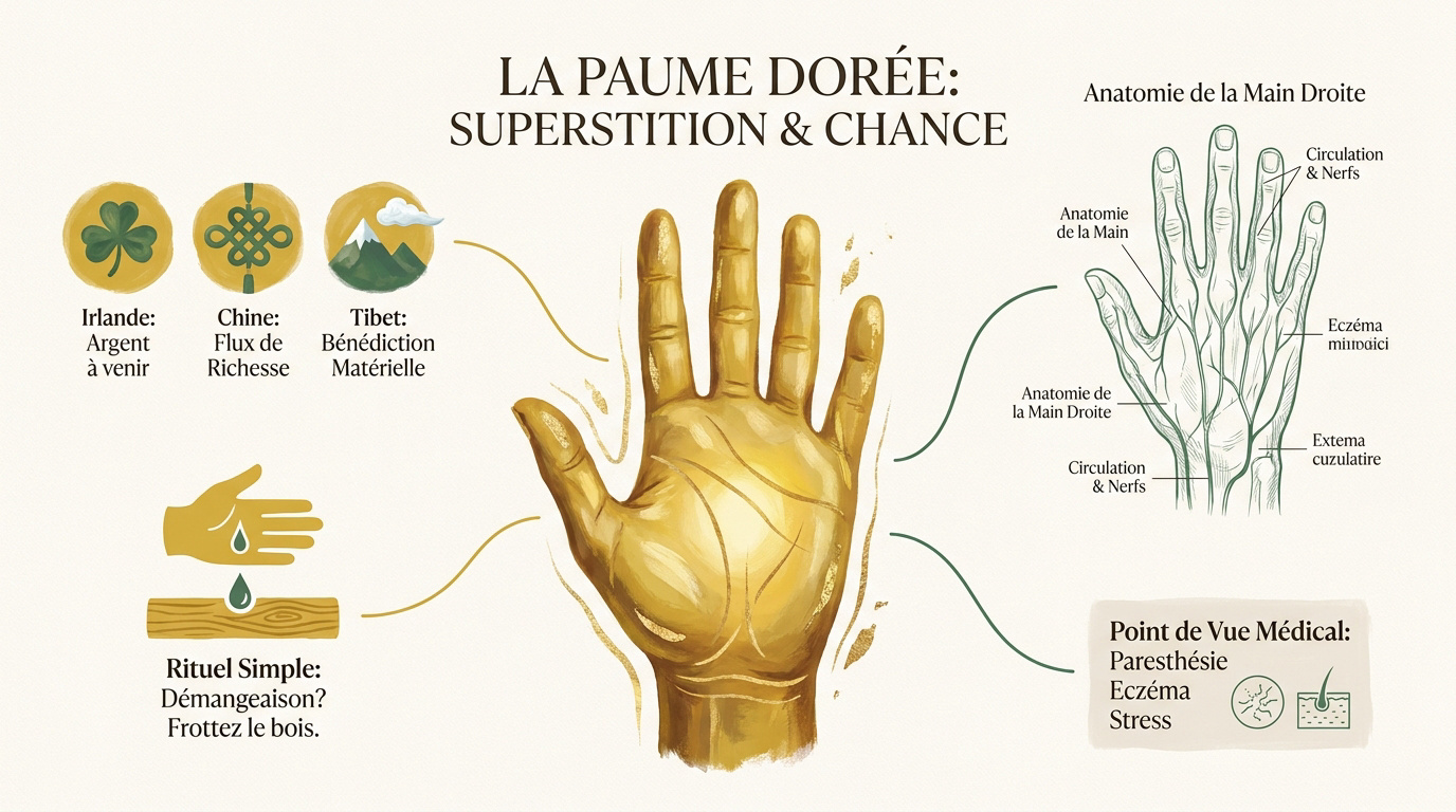 Illustration symbolique d'une paume de main gauche associée à la chance et à l'argent