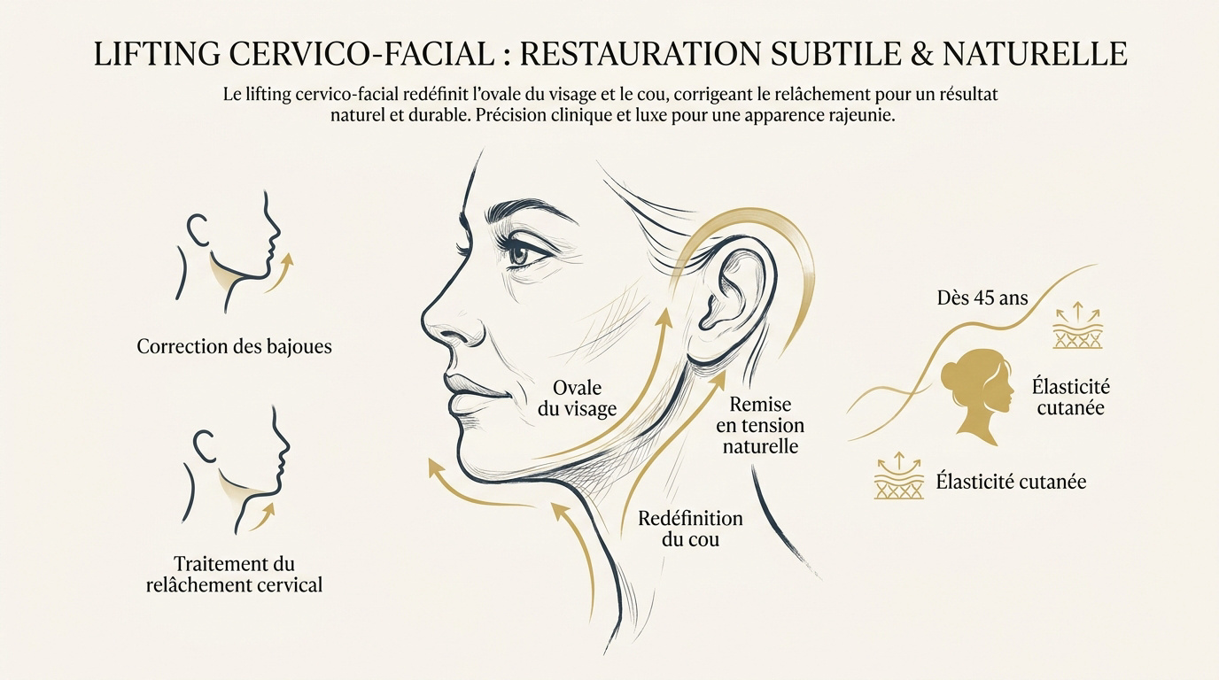 Résultat naturel d'un lifting cervico-facial sur l'ovale du visage