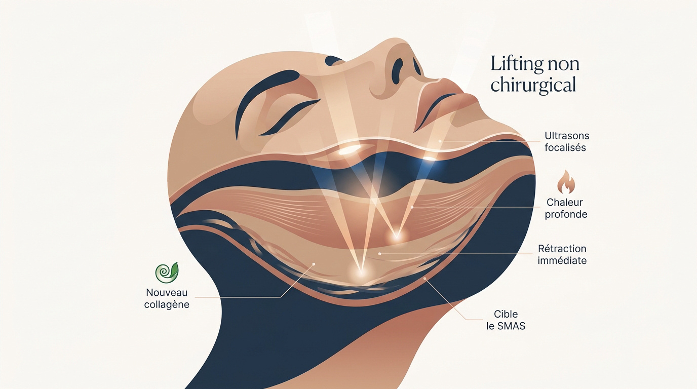 Représentation du lifting par ultrasons focalisés sur le visage