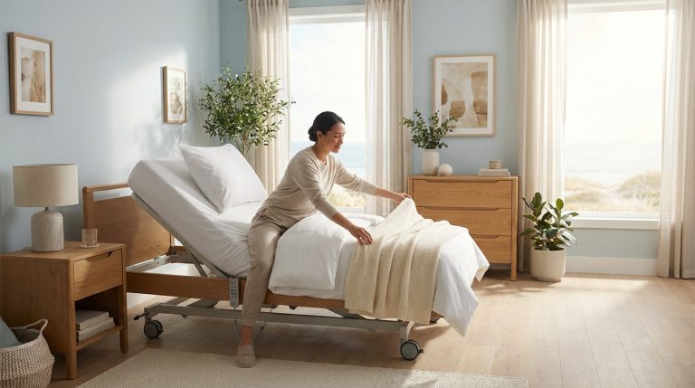 Une femme ajuste une couverture sur un lit médicalisé moderne dans une chambre lumineuse et apaisante.