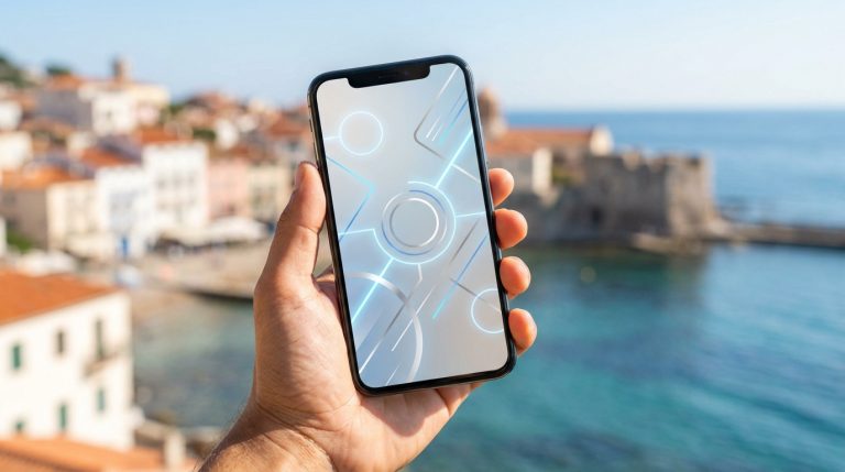 Main tenant un smartphone avec une interface futuriste devant le littoral d'Antibes en arrière-plan flouté.