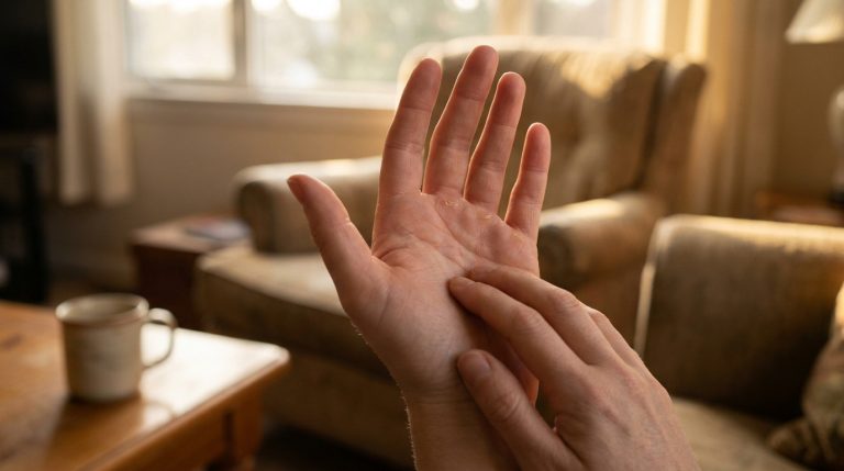 Une personne se gratte la paume de la main gauche dans un salon baigné par la lumière du soleil.