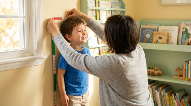 Une femme mesure la taille d'un jeune garçon souriant contre un mur dans une chambre d'enfant.