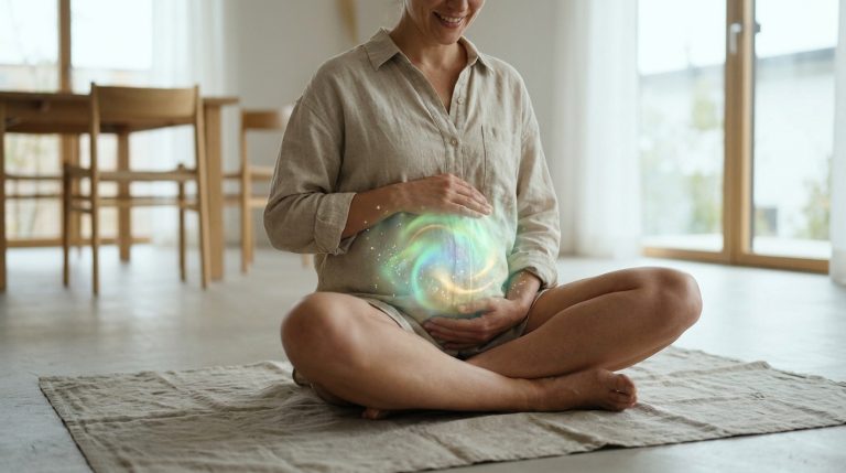 Femme assise en tailleur avec une lueur lumineuse et magique sur son ventre symbolisant la santé digestive.