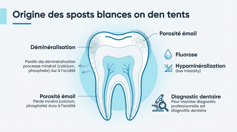 Illustration montrant la coupe d'une dent et expliquant les causes de la déminéralisation et des taches blanches.