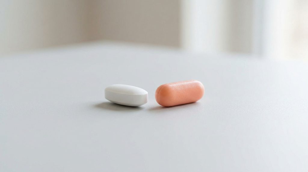 Un comprimé blanc et une gélule orange posés côte à côte sur une surface claire.