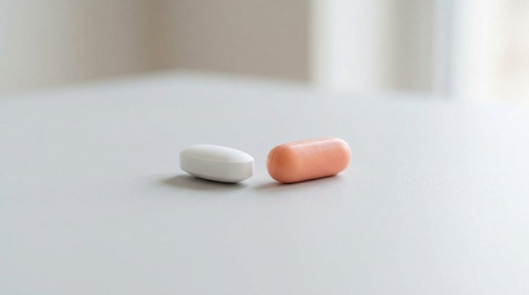 Un comprimé blanc et une gélule orange posés côte à côte sur une surface claire.