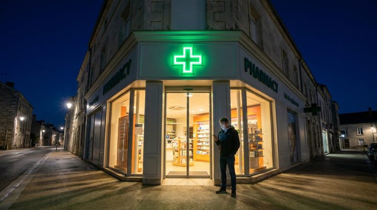 Un homme consulte son smartphone devant une pharmacie éclairée de nuit.