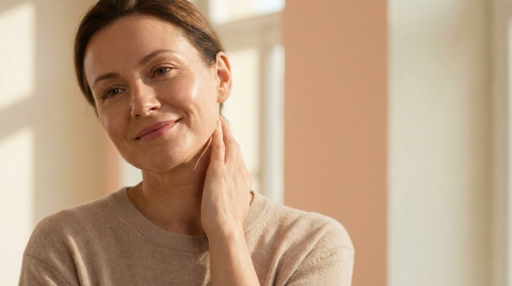 Une femme souriante à la peau éclatante touchant délicatement son cou dans un intérieur lumineux.