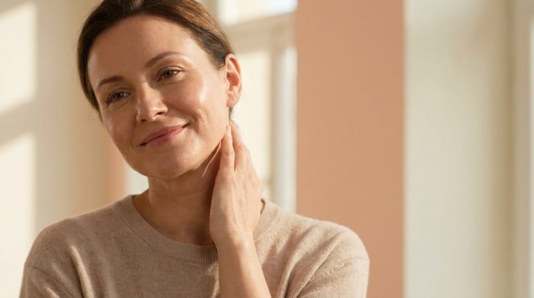Une femme souriante à la peau éclatante touchant délicatement son cou dans un intérieur lumineux.