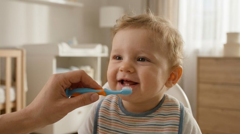 Un parent brosse les premières dents d'un bébé souriant dans une chambre lumineuse.
