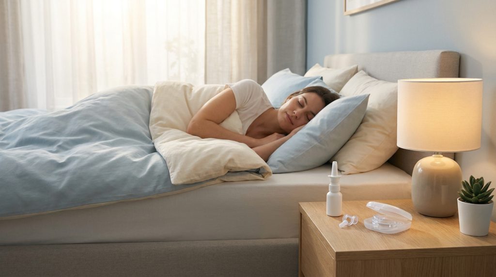 Une femme dort paisiblement dans un lit avec des solutions anti-ronflement sur la table de chevet.