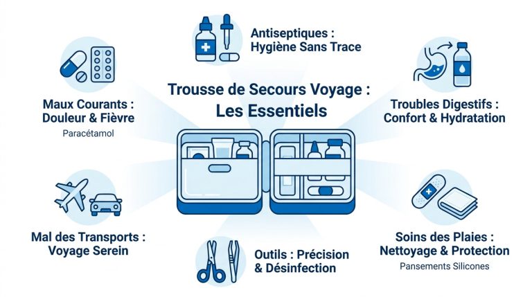 Infographie sur les éléments indispensables d'une trousse de secours pour les vacances, incluant médicaments et outils.