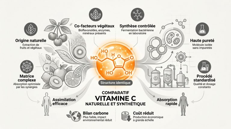 Infographie comparant les origines, la production et les bienfaits de la vitamine C naturelle et synthétique.