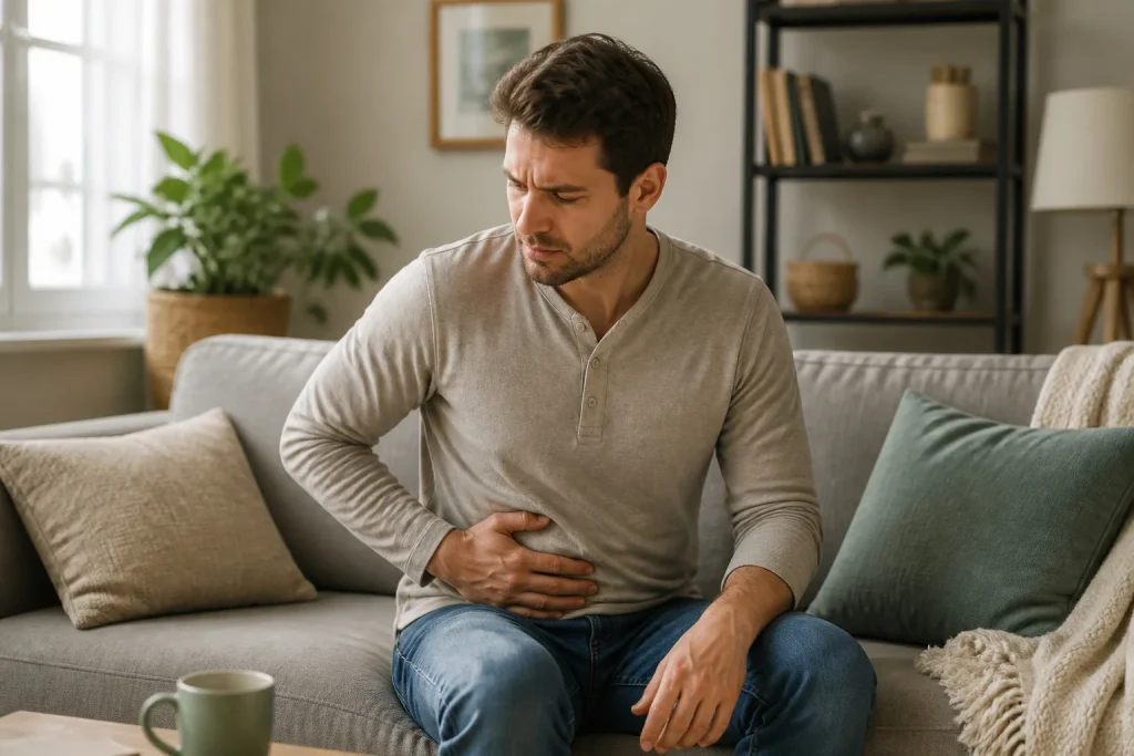 Homme ressentant un inconfort abdominal