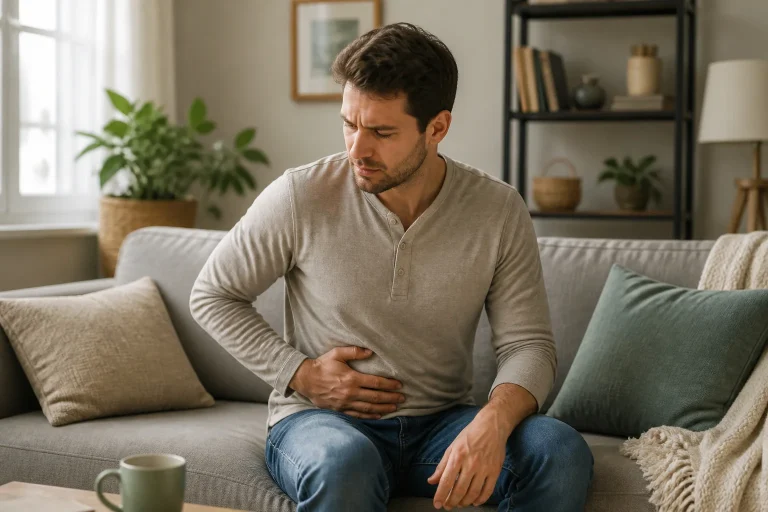 Homme ressentant un inconfort abdominal