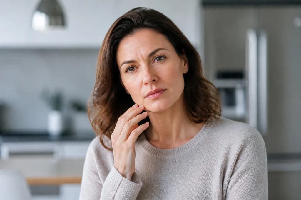 Femme pensive dans une cuisine moderne