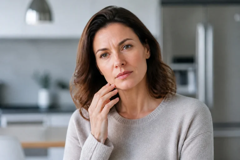 Femme pensive dans une cuisine moderne