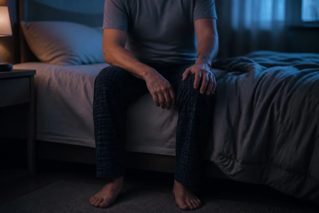 Homme assis au lit dans la penombre