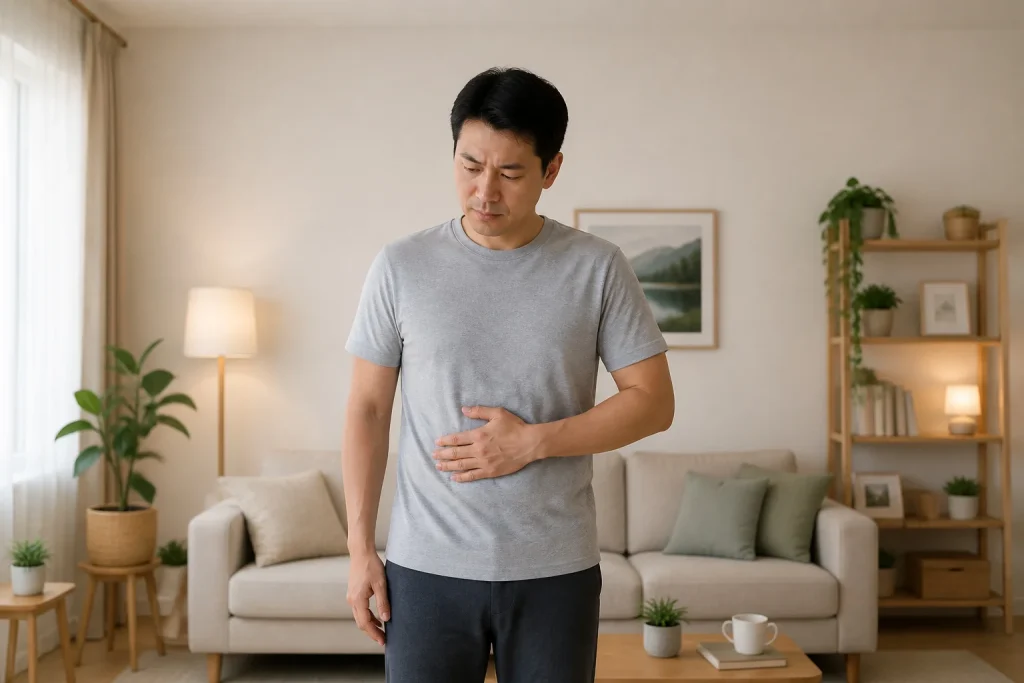 Homme ressentant une gene abdominale