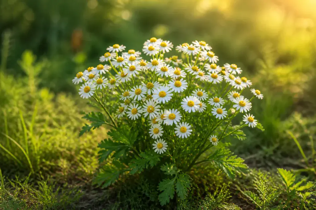 Fleurs de camomille sous le soleil dore