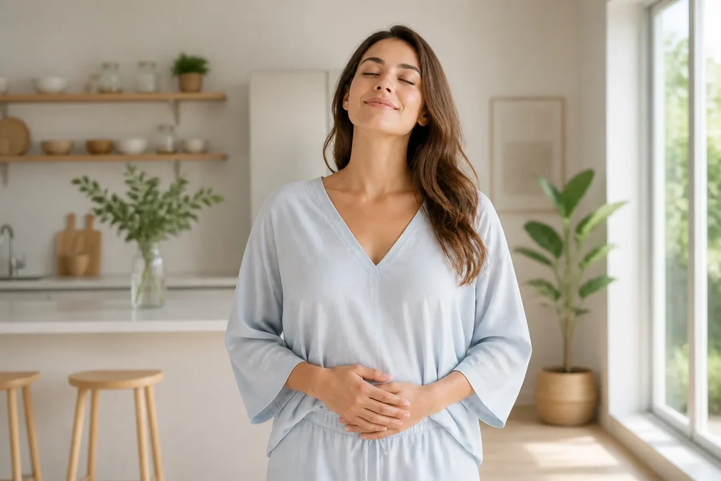 Femme sereine dans un interieur lumineux