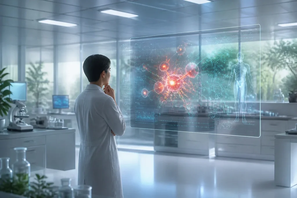 Scientifique analysant une projection holographique