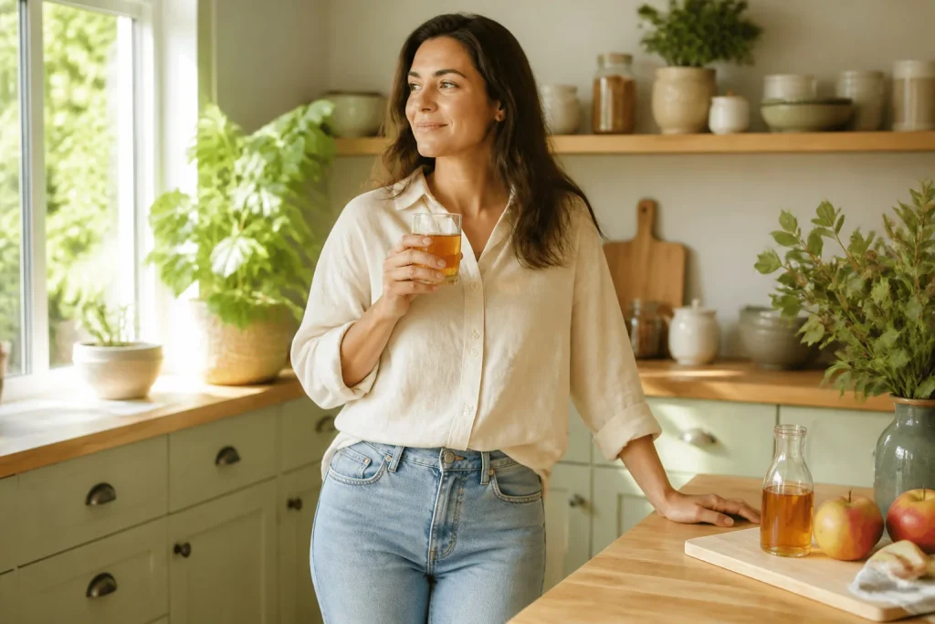 Femme sereine savourant une boisson reconfortante