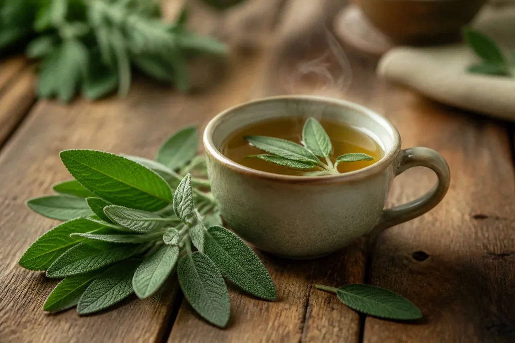 Tisane de sauge fumante sur bois rustique
