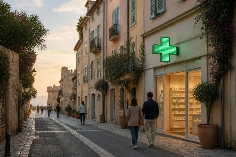 Pharmacie mediterraneenne illuminee